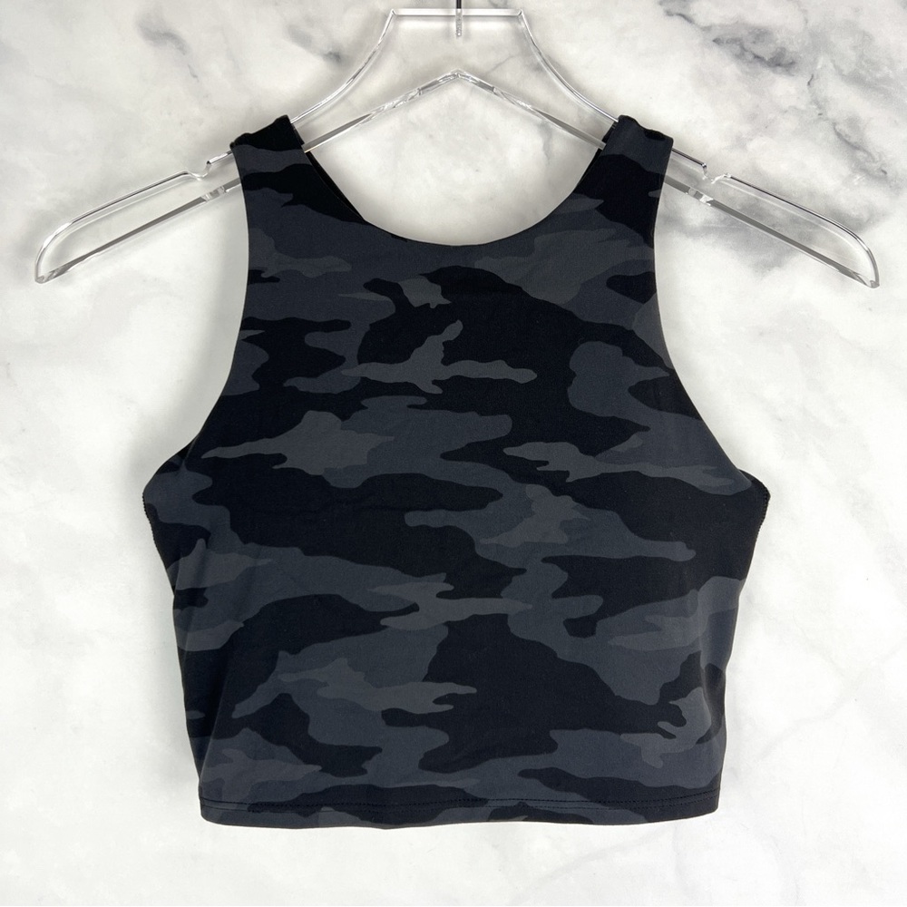 Athleta Conscious Crop Bra D-DD Cup High Neck Camo Printed Sports Top Black XS
